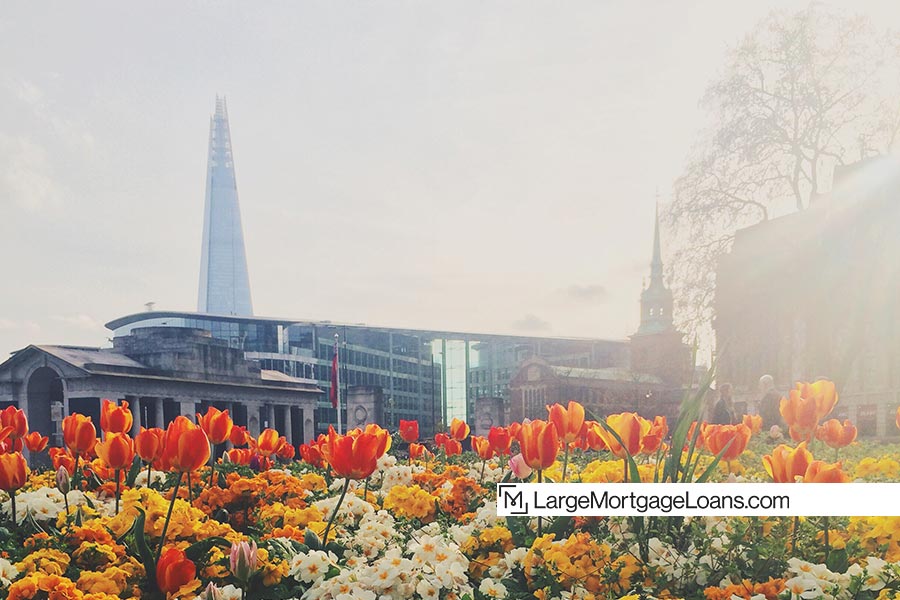 Image of The Shard in London with spring flowers.